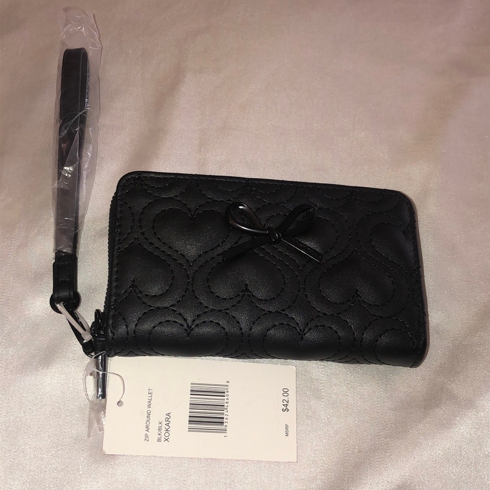 Betsey Johnson Black Faux Leather ZA Wallet With Quilted Tonal Hearts NWT